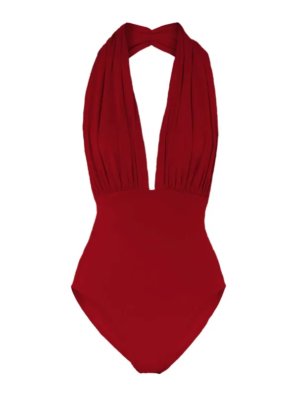 [US Warehouse] Red 1930s Retro Halter Solid One-piece Swimsuit sold by Retro Stage