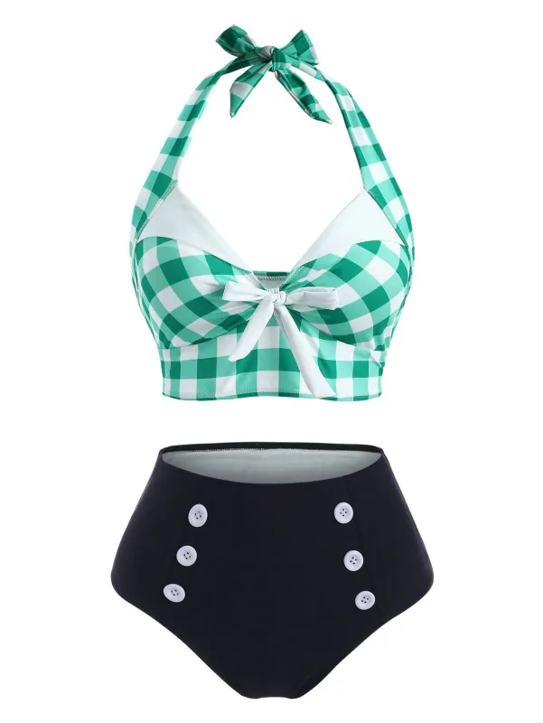 [US Warehouse] Green 1950s Checked Halter Bowknot Bikini Set sold by Retro Stage