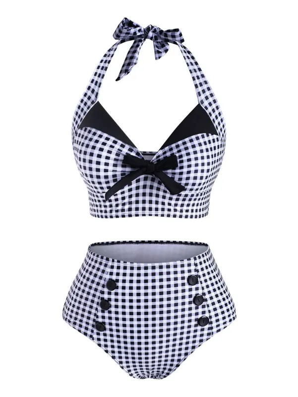[US Warehouse] Black 1950s Gingham Halter Bowknot Bikini Set sold by Retro Stage