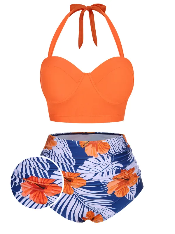 [US Warehouse] 1940s Halter Flowers Pleated Bikini Set sold by Retro Stage