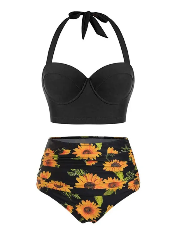 [US Warehouse] 1950s Halter Sunflower Pleated Bikini Set sold by Retro Stage