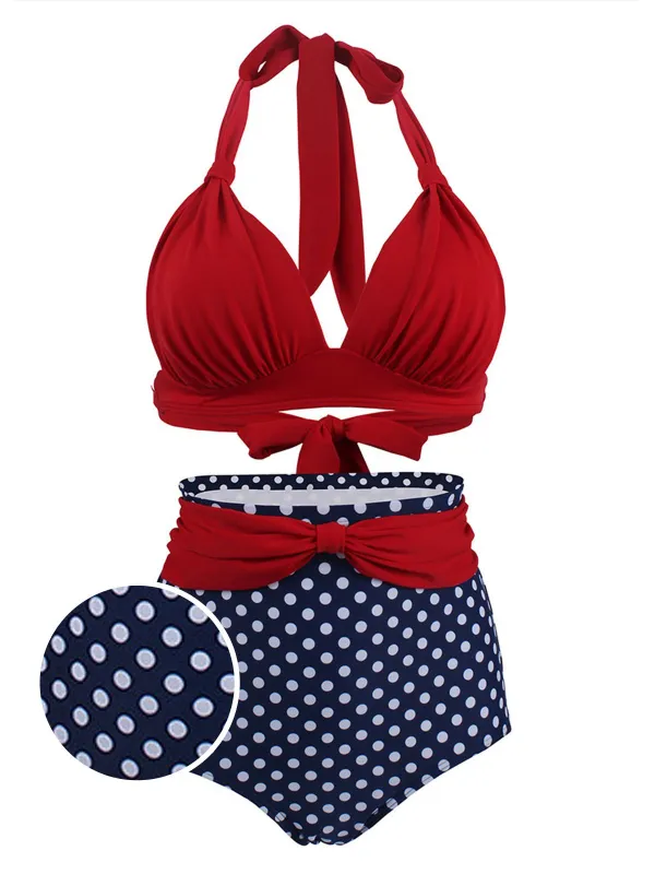 [US Warehouse] 1950s Polka Dot Pleated Halter Bikini sold by Retro Stage