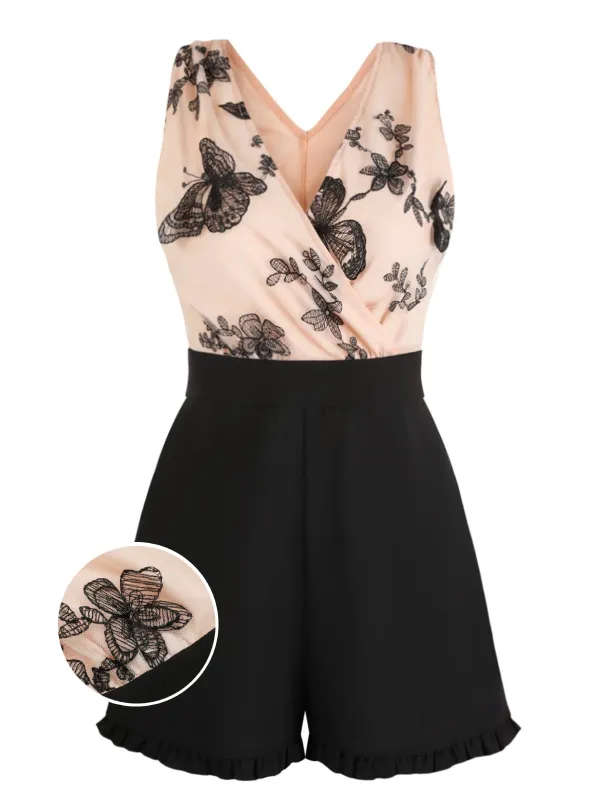 [US Warehouse] Apricot 1950s Patchwork Butterfly Lace Romper sold by Retro Stage