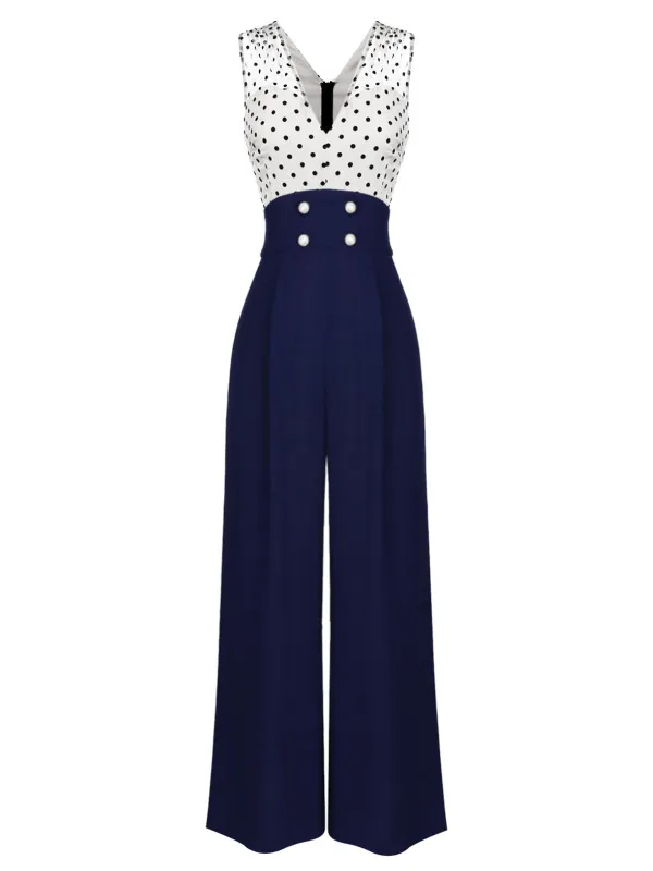 [US Warehouse] 1930s Polka Dot Patchwork Button Jumpsuit sold by Retro Stage