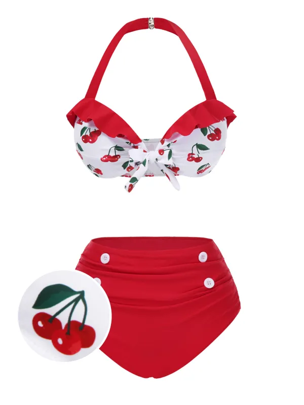 [US Warehouse] Red 1950s Halter Ruffle Cherry Bikini Set sold by Retro Stage