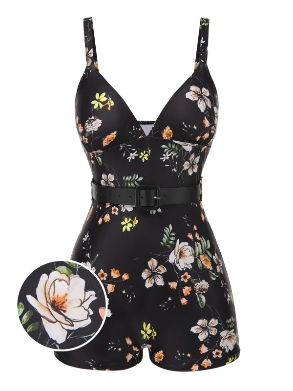 [US Warehouse] Black 1940s Floral Boxer Straps Swimsuit sold by Retro Stage