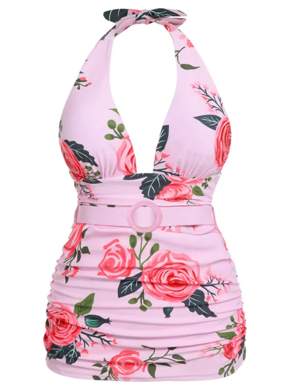 [US Warehouse] [Plus Size] Pink 1930s Roses Halter Belt Swimsuit sold by Retro Stage