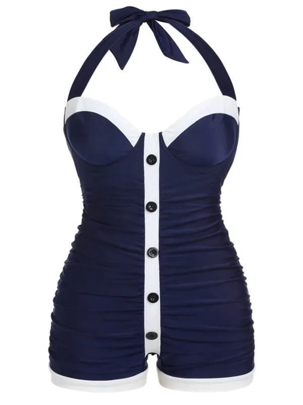 [US Warehouse] [Plus Size] Navy Blue 1950s Pleated Halter Swimsuit sold by Retro Stage
