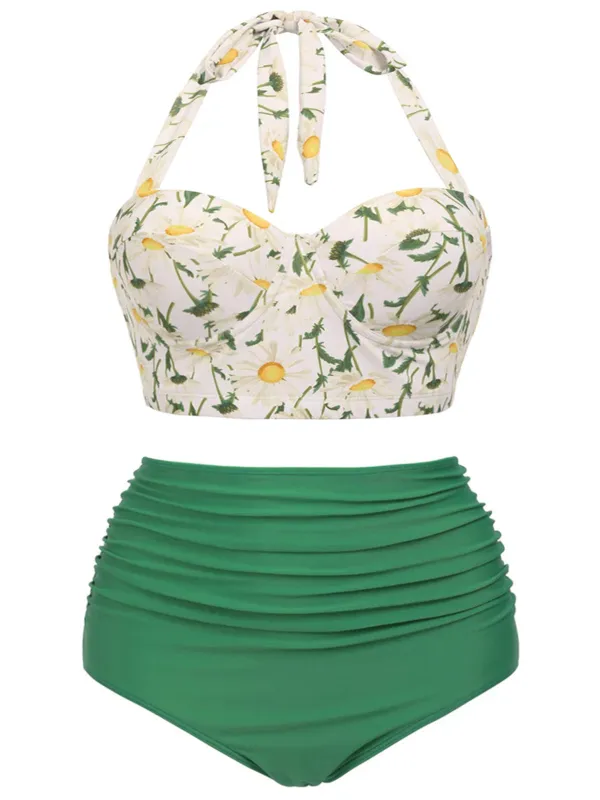 [US Warehouse] [Plus Size] 1950s Floral Halter Lace-up Bikini Set sold by Retro Stage