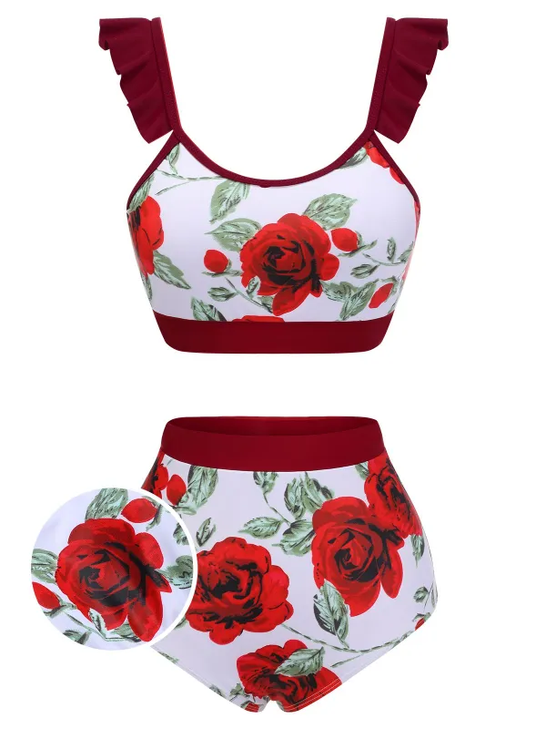 [US Warehouse] Red 1940s Floral Ruffles Swimsuit sold by Retro Stage