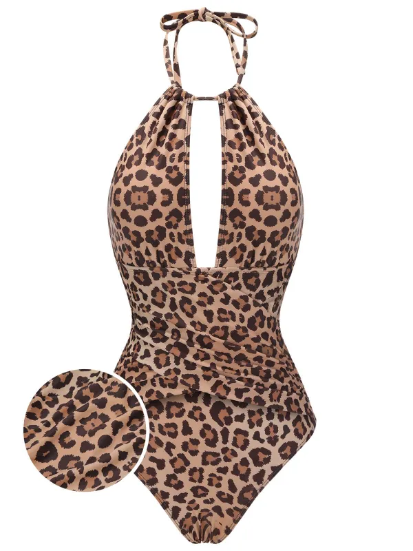 [US Warehouse] Brown 1930s Leopard V-Neck Halter Swimsuit sold by Retro Stage