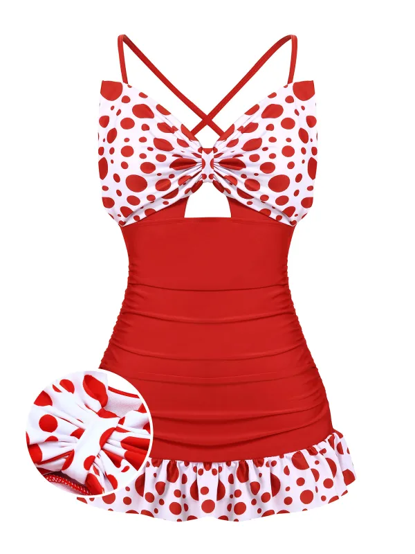[US Warehouse] 1930s Polka Dot Bowknot Patchwork Swimsuit sold by Retro Stage