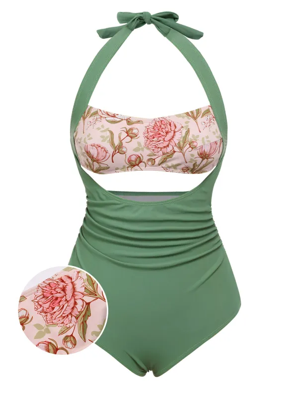 [US Warehouse] Green 1930s Peony Halter One-Piece Swimsuit sold by Retro Stage