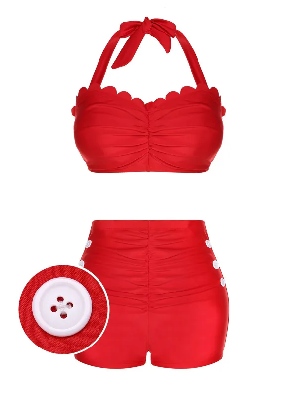 [US Warehouse] Red 1950s Button Ruffles Halter Swimsuit sold by Retro Stage