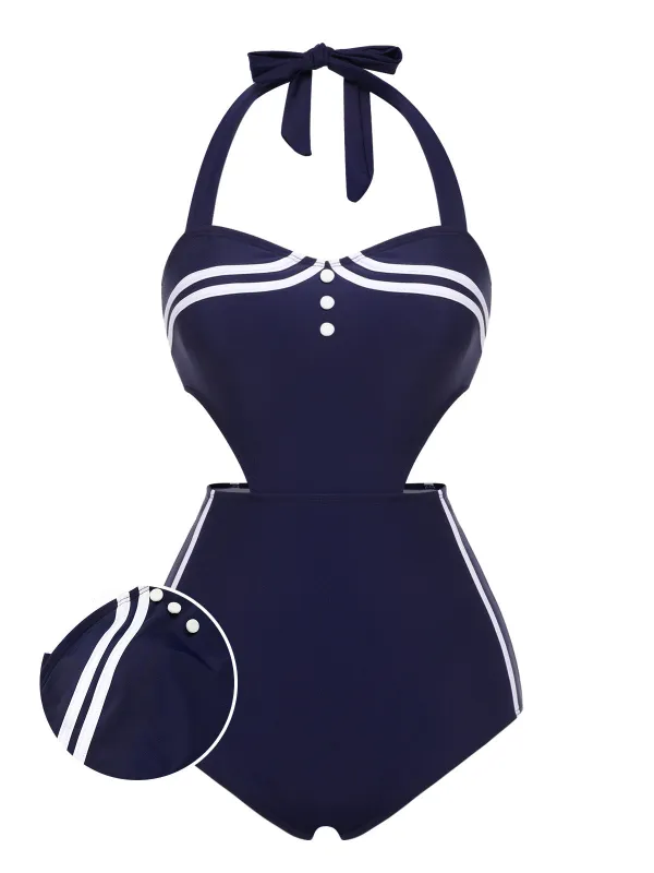[US Warehouse] Navy Blue 1930s Halter One-piece Swimsuit sold by Retro Stage