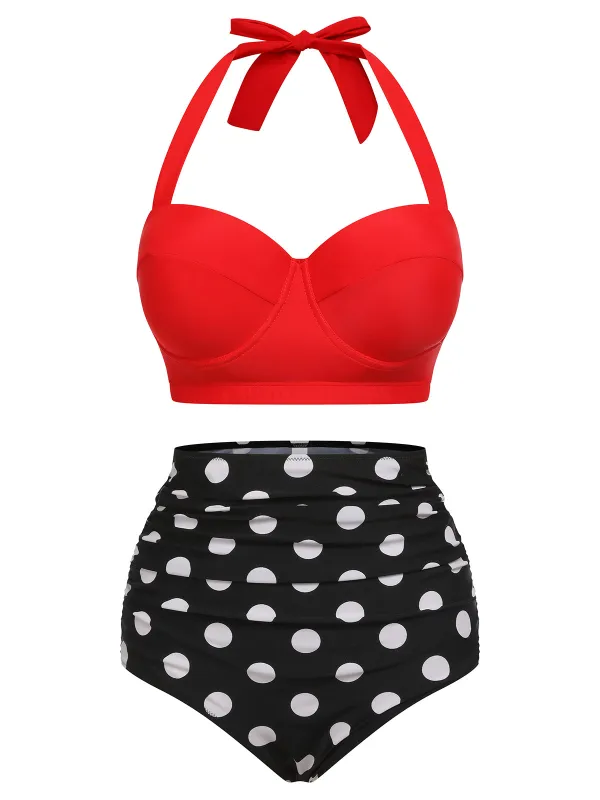 [US Warehouse] 2PCS Red 1940s Dots Halter Swimsuit sold by Retro Stage