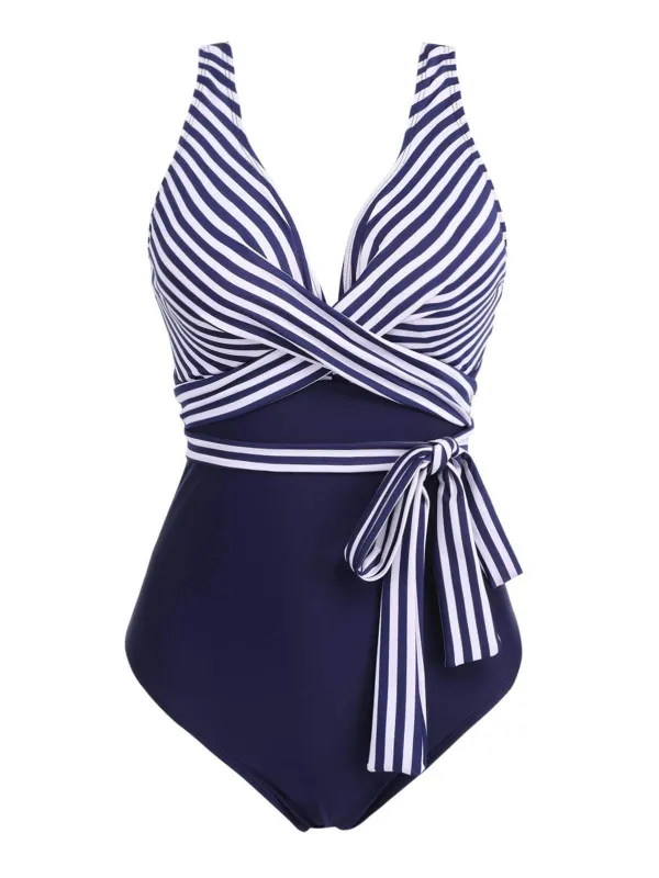 [US Warehouse] [Plus Size] 1950s Stripe Lace Up Patchwork One-Piece Swimsuit sold by Retro Stage