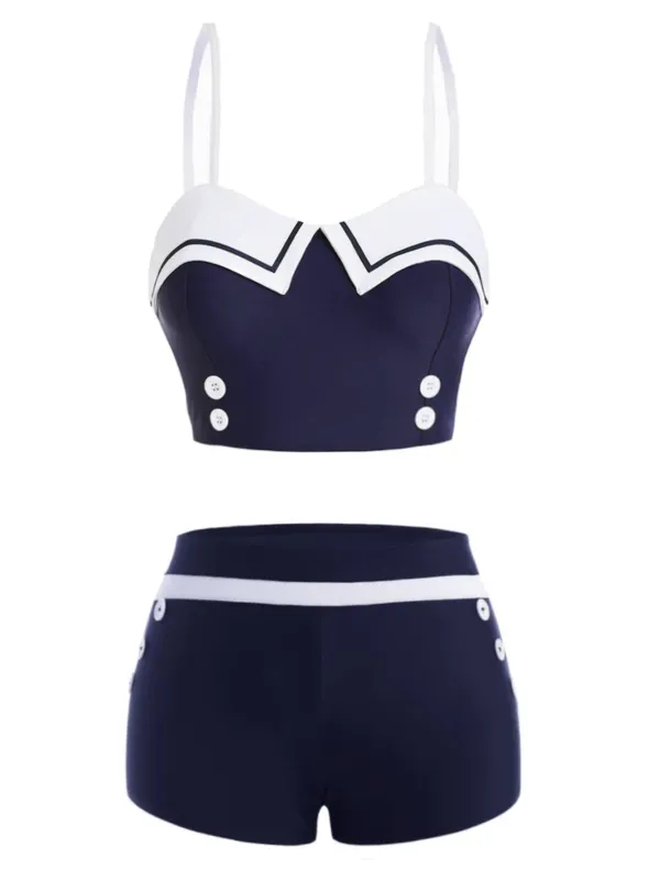 [US Warehouse] Navy Blue 1950s Spaghetti Buttons Swimsuit sold by Retro Stage