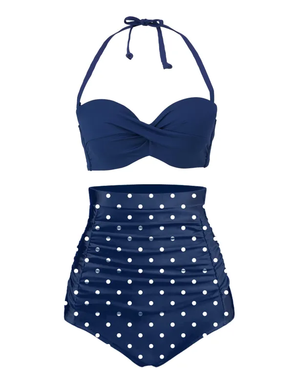 [US Warehouse] Blue 1950s Halter Polka Dots Swimsuit sold by Retro Stage