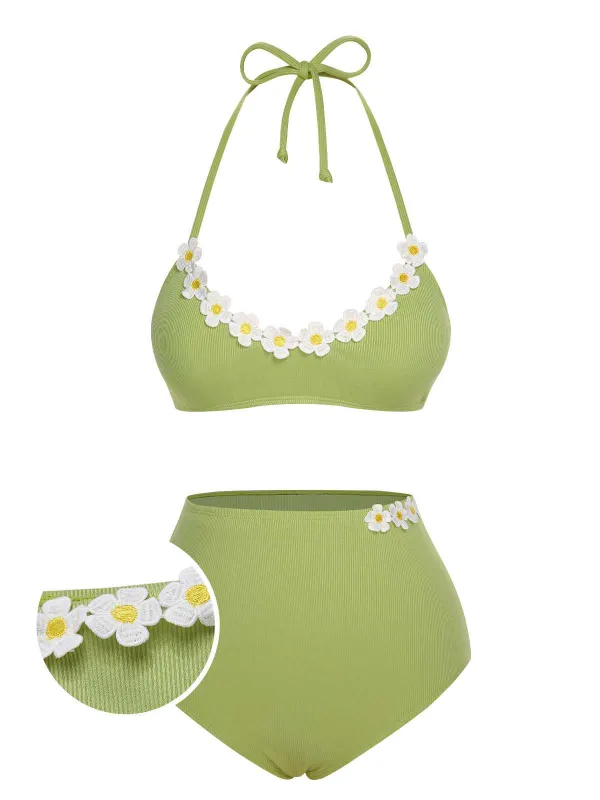 [US Warehouse] Light Green 1960s Halter Knit Daisy Swimsuit sold by Retro Stage
