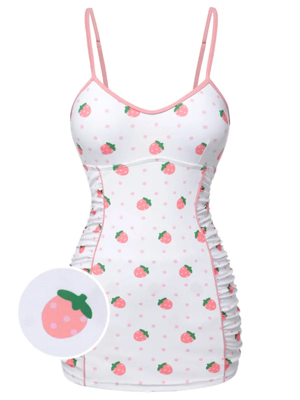 [US Warehouse] White & Pink 1950s Strawberry Pleated Swimsuit sold by Retro Stage