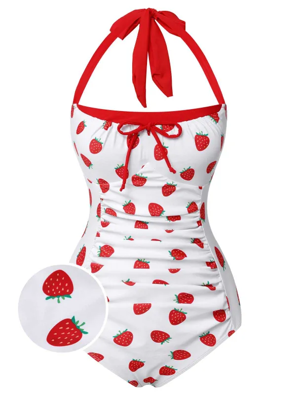 [US Warehouse] Red 1960s Halter Bow Strawberry One-Piece Swimsuit sold by Retro Stage