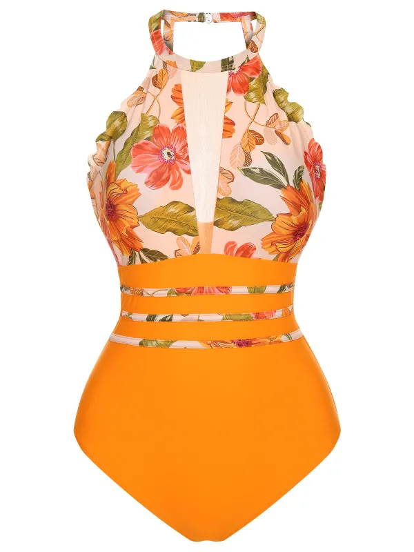 [US Warehouse] Orange 1960s Halter Floral One-Piece Swimsuit sold by Retro Stage
