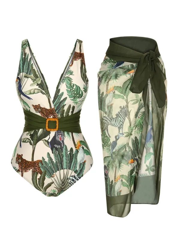 [US Warehouse] Multicolor 1960s Palm Leaf Swimsuit & Cover-Up sold by Retro Stage