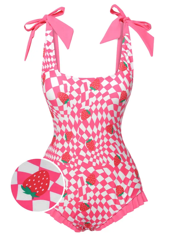 [US Warehouse] Pink 1960s Strawberry Plaid One-Piece Swimsuit sold by Retro Stage
