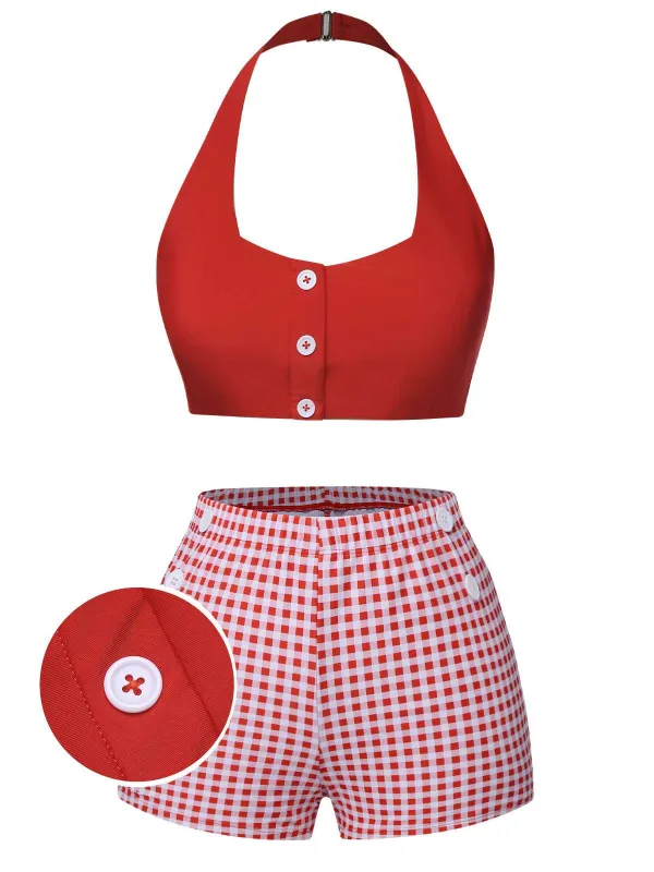 [US Warehouse] Red 1950s Halter Plaids Swimsuit sold by Retro Stage