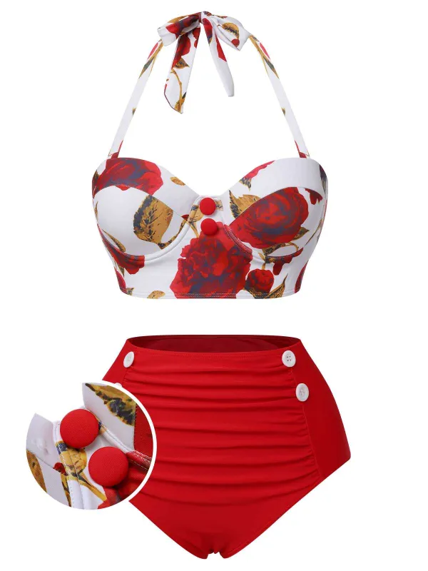 [US Warehouse] Red 1960s Halter Roses Swimsuit sold by Retro Stage