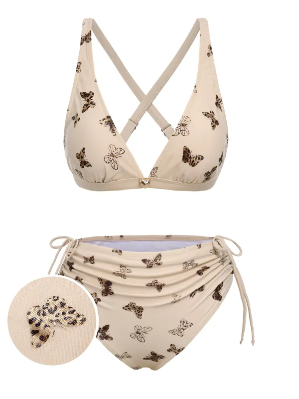 [US Warehouse] Apricot 1950s Butterfly Mesh Lace-Up Swimsuit sold by Retro Stage