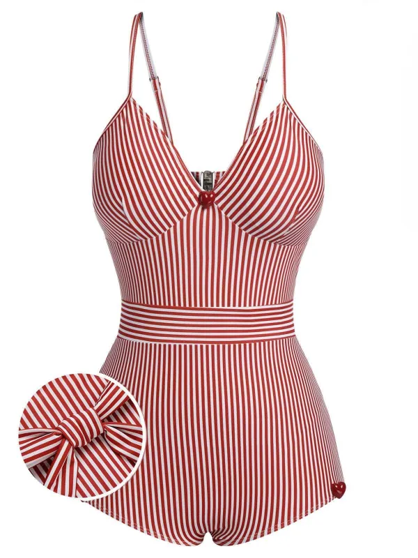 [US Warehouse] Red 1940s Spaghetti Strap Stripes One-Piece Swimsuit sold by Retro Stage