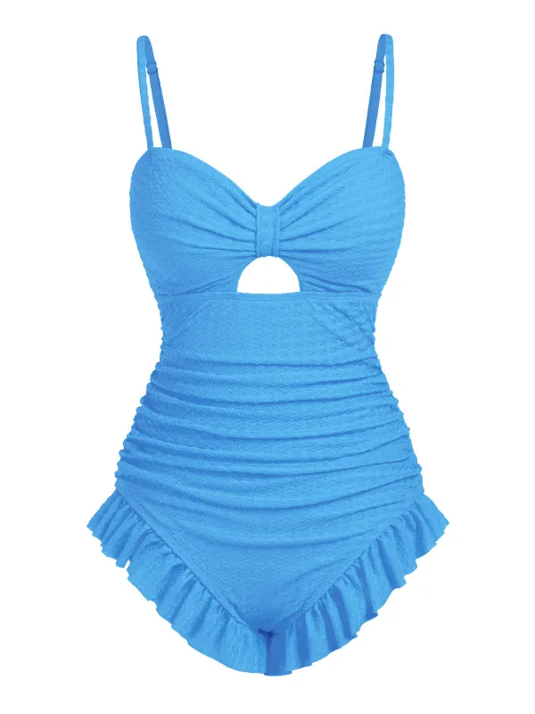 [US Warehouse] Blue 1950s Solid Ruched Swimsuit sold by Retro Stage