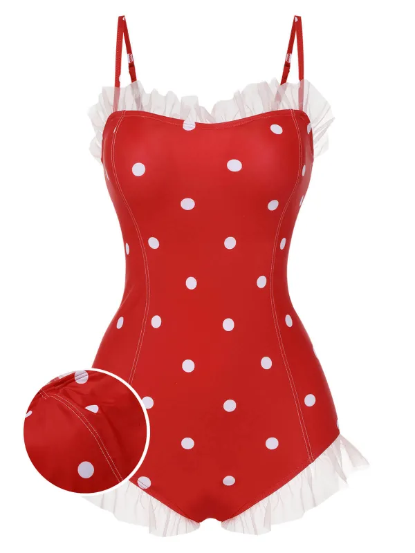 [US Warehouse] Red 1950s Mesh Polka Dot Swimsuit sold by Retro Stage