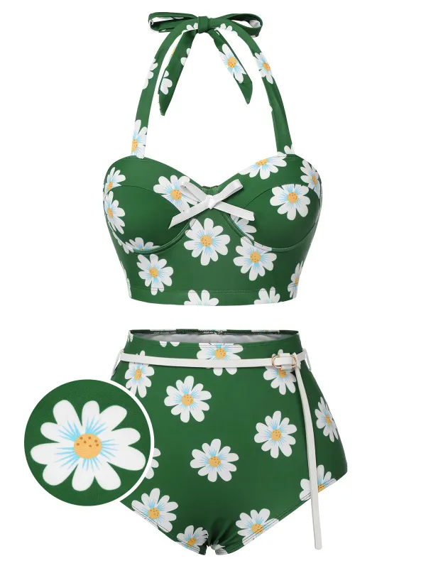 [US Warehouse] Green 1930s Daisy Halter Swimsuit sold by Retro Stage