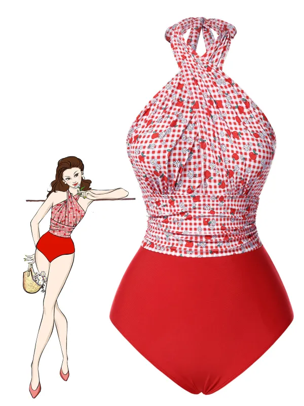 [US Warehouse] Red 1950s Apple Plaid Wrapped Swimsuit sold by Retro Stage