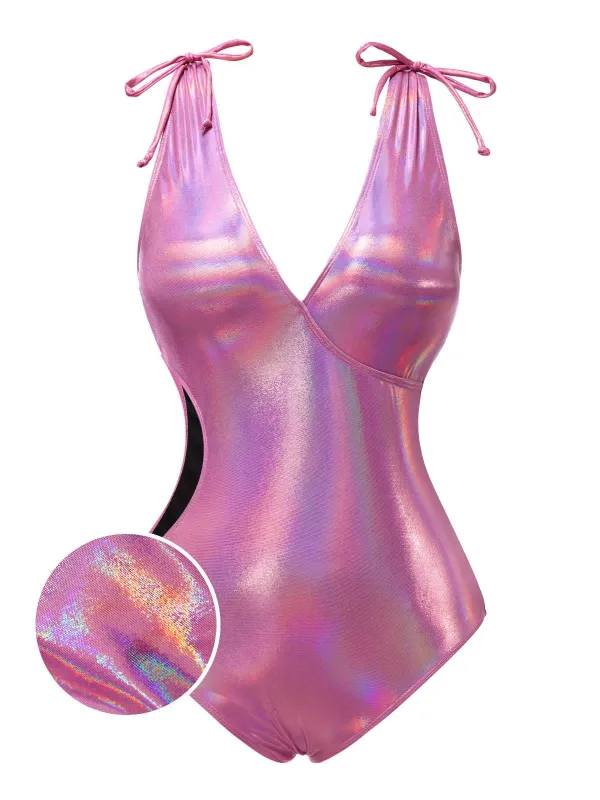 [US Warehouse] Pink 1970s Bow Deep V Gloss Hollow Swimsuit sold by Retro Stage