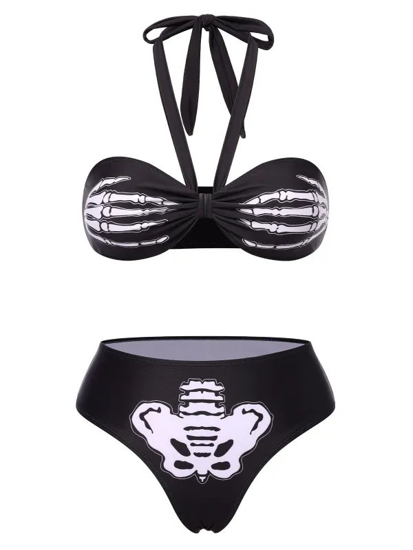 [US Warehouse] Black 1970s Skeleton Hand Halter Bikini Set sold by Retro Stage