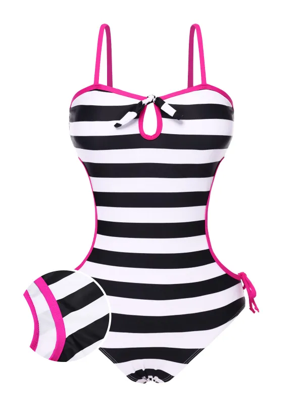 [US Warehouse] 1960s Barbie Striped Hollow Bow Swimsuit sold by Retro Stage