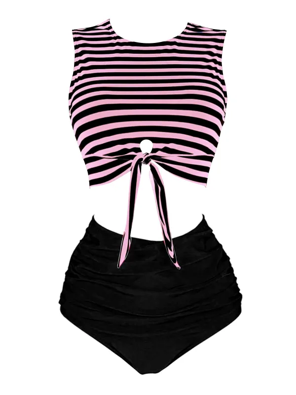 [US Warehouse] Pink & Black 1970s Striped Waist Tie Patchwork Swimsuit sold by Retro Stage