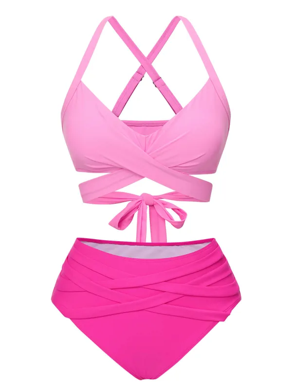 [US Warehouse] Pink 1960s Solid Strap Bandage Bikini Set sold by Retro Stage