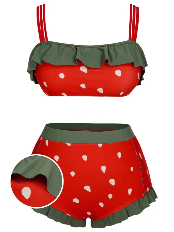 [US Warehouse] [Plus Size] Red 1950s Strawberry Ruffle Strap Swimsuit sold by Retro Stage