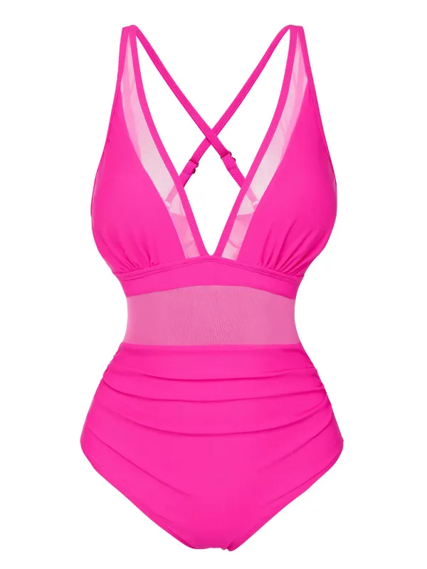 [US Warehouse] Rose Red 1950s Solid Sheer Patchwork Swimsuit sold by Retro Stage