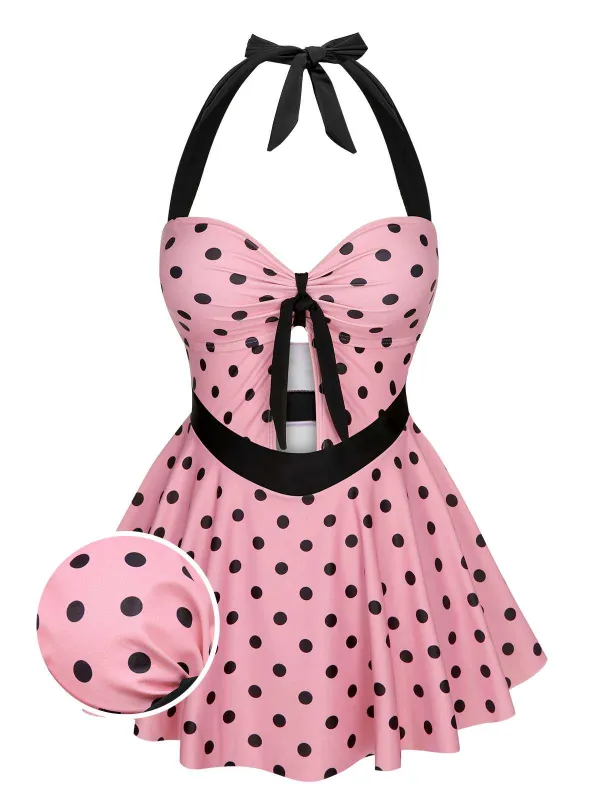 [US Warehouse] Pink 1950s Halter Polka Dots One-Piece Swimsuit sold by Retro Stage