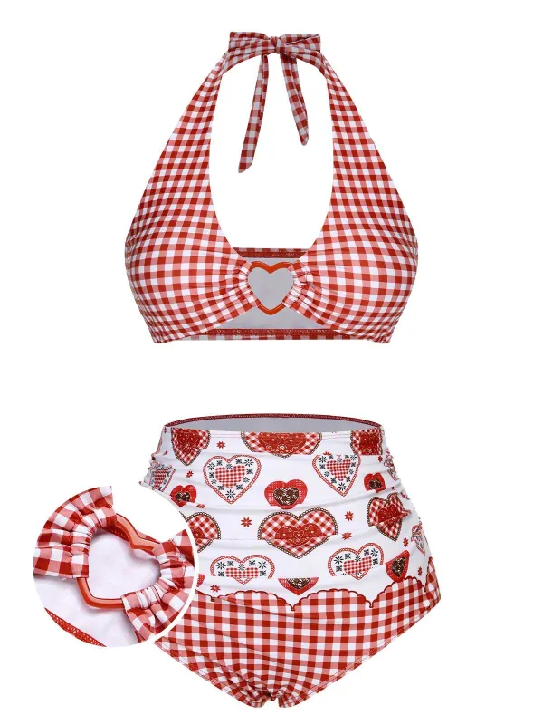 [US Warehouse] Red 1950s Halter Heart Plaids Swimsuit sold by Retro Stage