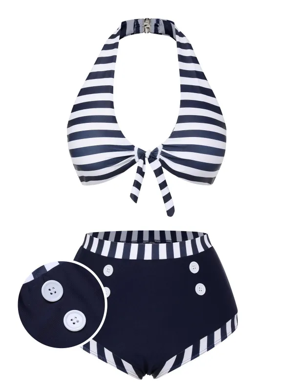 [US Warehouse] Dark Blue 1930s Stripes Halter Buttons Swimsuit sold by Retro Stage