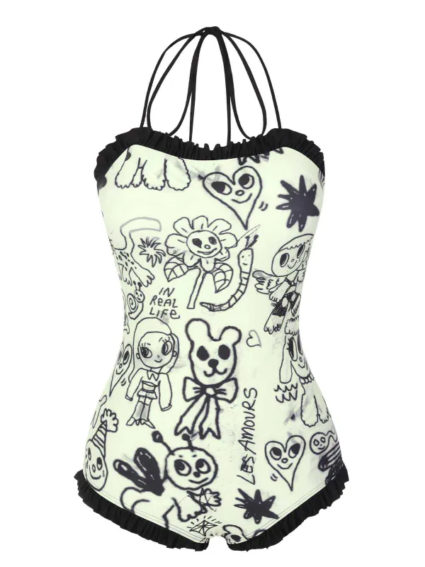 [US Warehouse] 1960s Halter Printed Ruffles One-Piece Swimsuit sold by Retro Stage