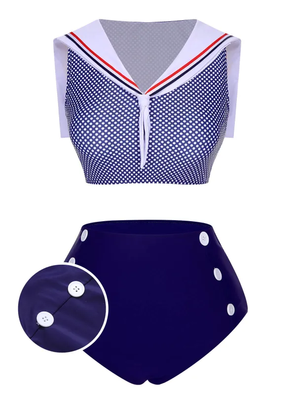 [US Warehouse] Dark Blue 1940s Dots Sailor Collar Swimsuit sold by Retro Stage