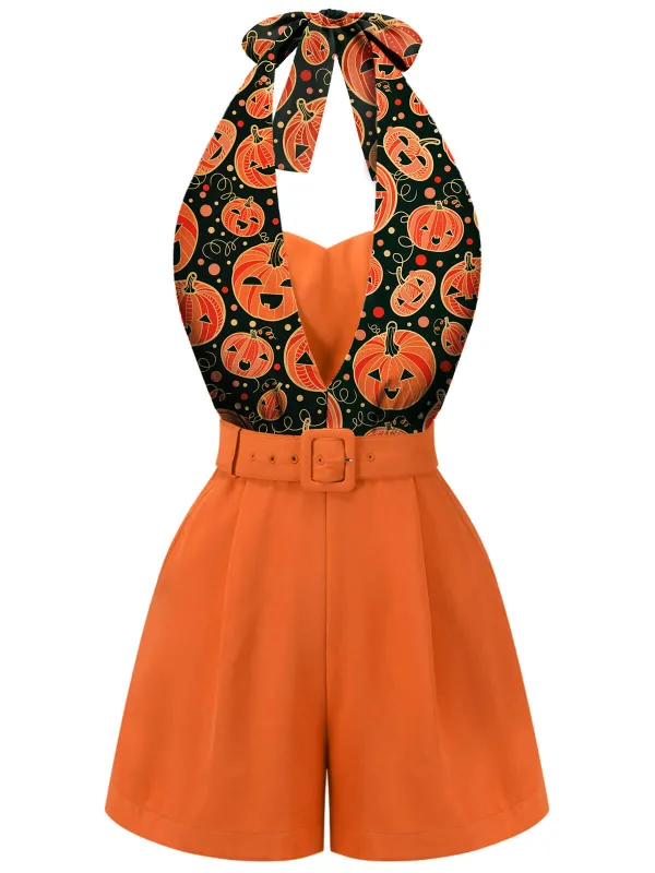 Orange 1950s Halloween Pumpkin Halter Romper sold by Retro Stage